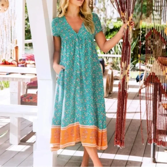 Natural Life Midi Dress NWT Pockets Avery Button Front Jade Floral Boho XL - Picture 1 of 13